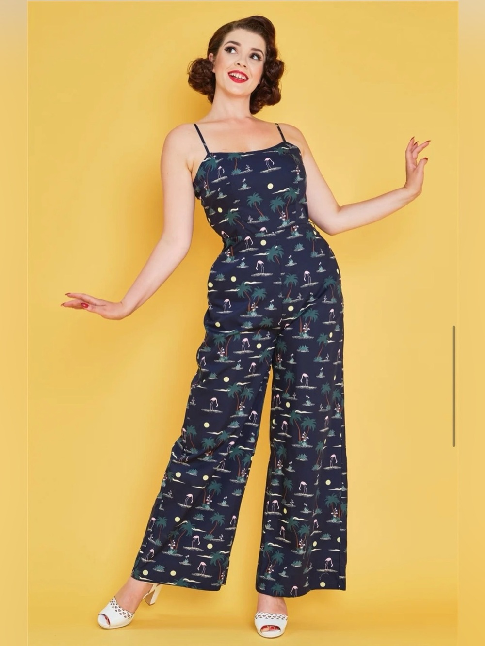 Collectif Edda Flamingo-Palm Jumpsuit, Navy, US 2/UK 6, NWT